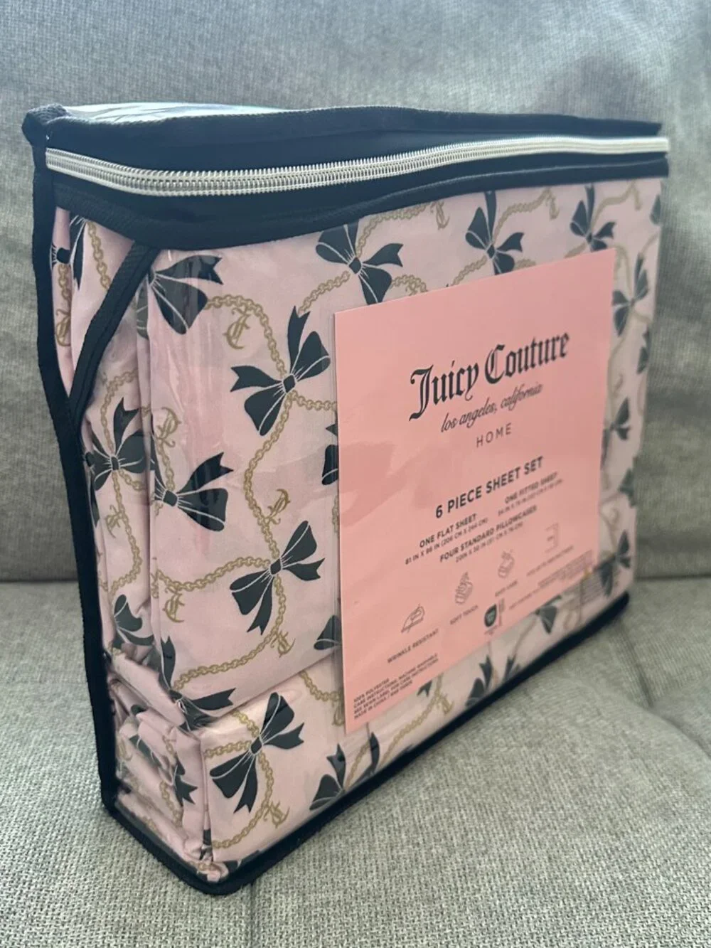 New Juicy Couture FULL 6 pc Sheet Set Pink with Black Bow Ribbons and JC